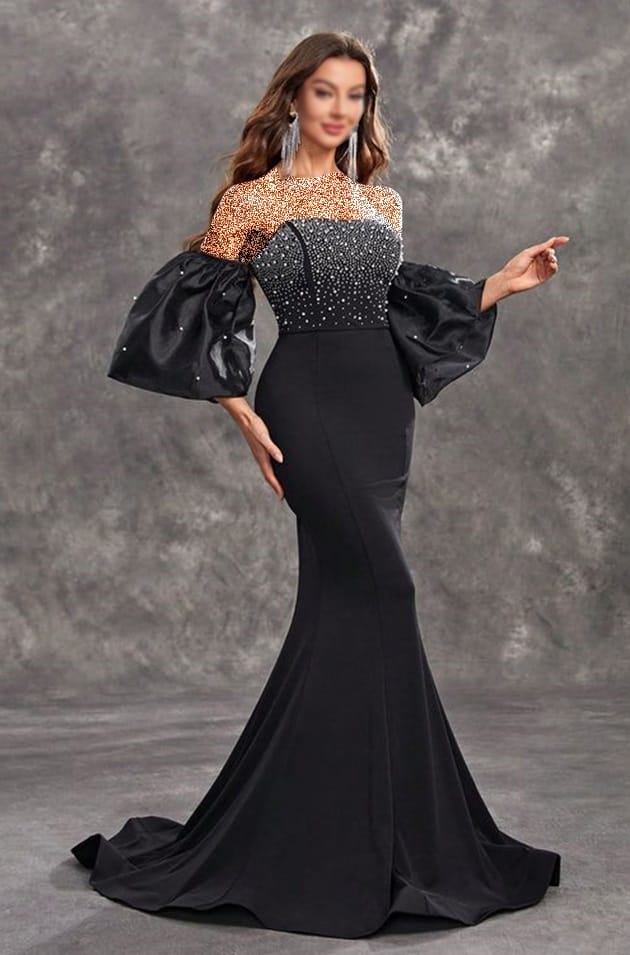 زیباترین مدل لباس های مجلسی بلند زنانه مشکی آستین پفی جنس ساتن و تور ظریف 