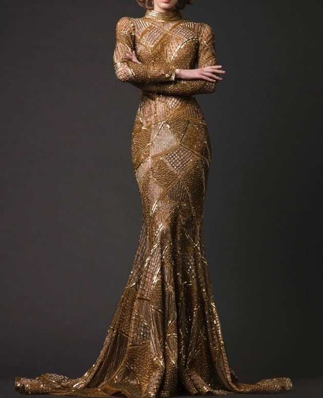 جذاب مدل لباس مجلسی طلایی براق ماکسی بلند زنانه