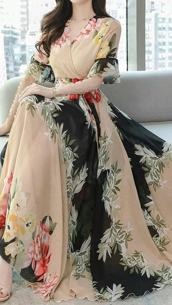 لباس مجلسی سبز گل دار پارچه حریر فوق العاده شیک، زیبا و جذاب