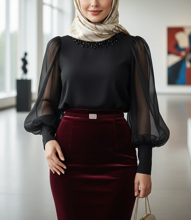 زیباترین و شیک ترین مدل های شومیز دامن مجلسی دخترانه ساتن مشکی