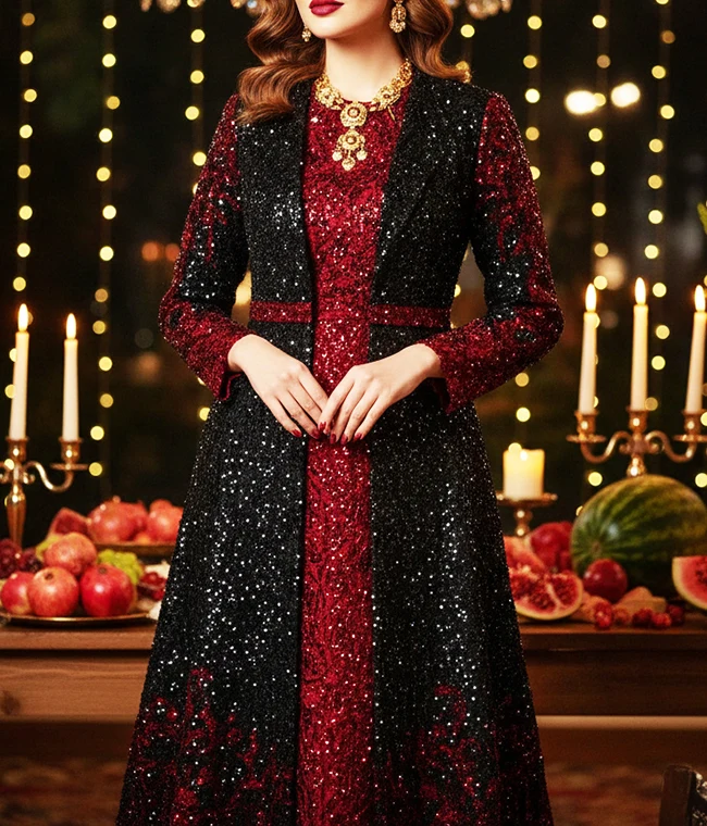 پیراهن شب یلدا با ترکیب پارچه های متنوع و طراحی خاص پیراهن شب یلدا با ترکیب پارچه های متنوع و طراحی خاص