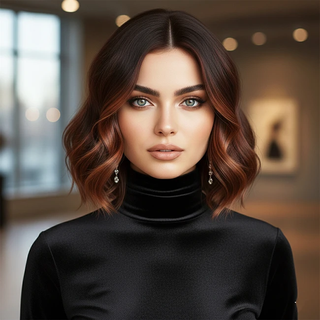 استایل مدل باب زنانه؛ حالت طبیعی موها و ست با لباس مجلسی