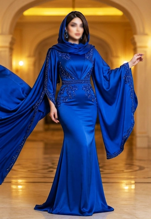 زیباترین مدل مجلسی بلند حریر چندلایه آبی کاربنی برای استایل رومانتیک