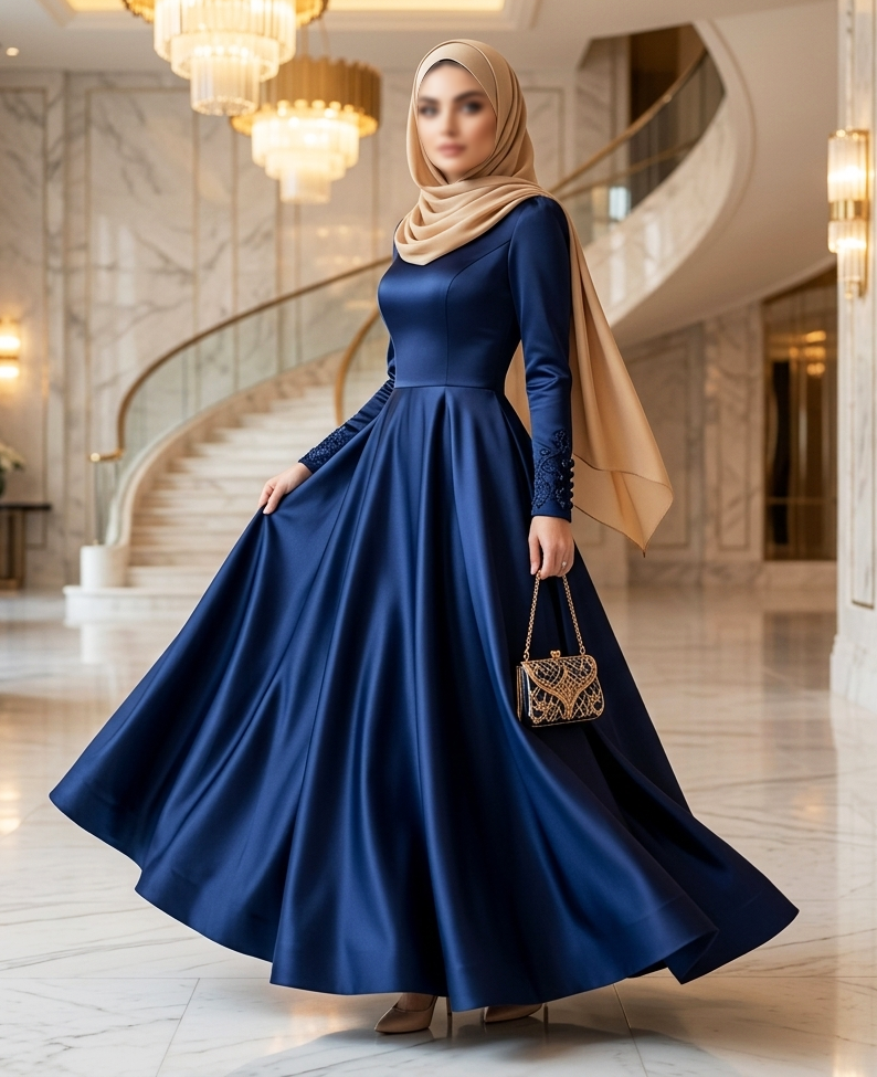مدل لباس مجلسی A-line آبی کلوش با یقه اسکی و آستین بلند برای مراسم رسمی