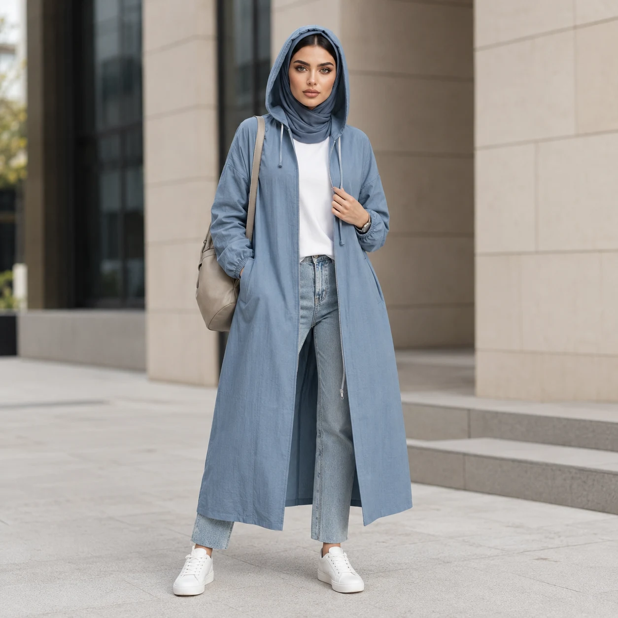 مانتو کلاه دار کتان آبی آسمانی اسپرت برای گردش روزانه