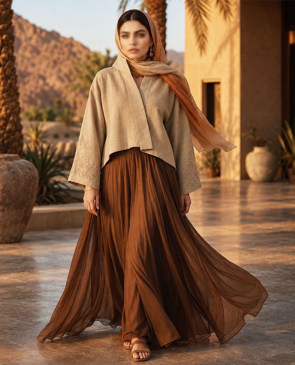 مدل مانتو دامن لنین مونوکروم خنک تابستانی به رنگ کرم نود با صندل چرمی قهوه ای