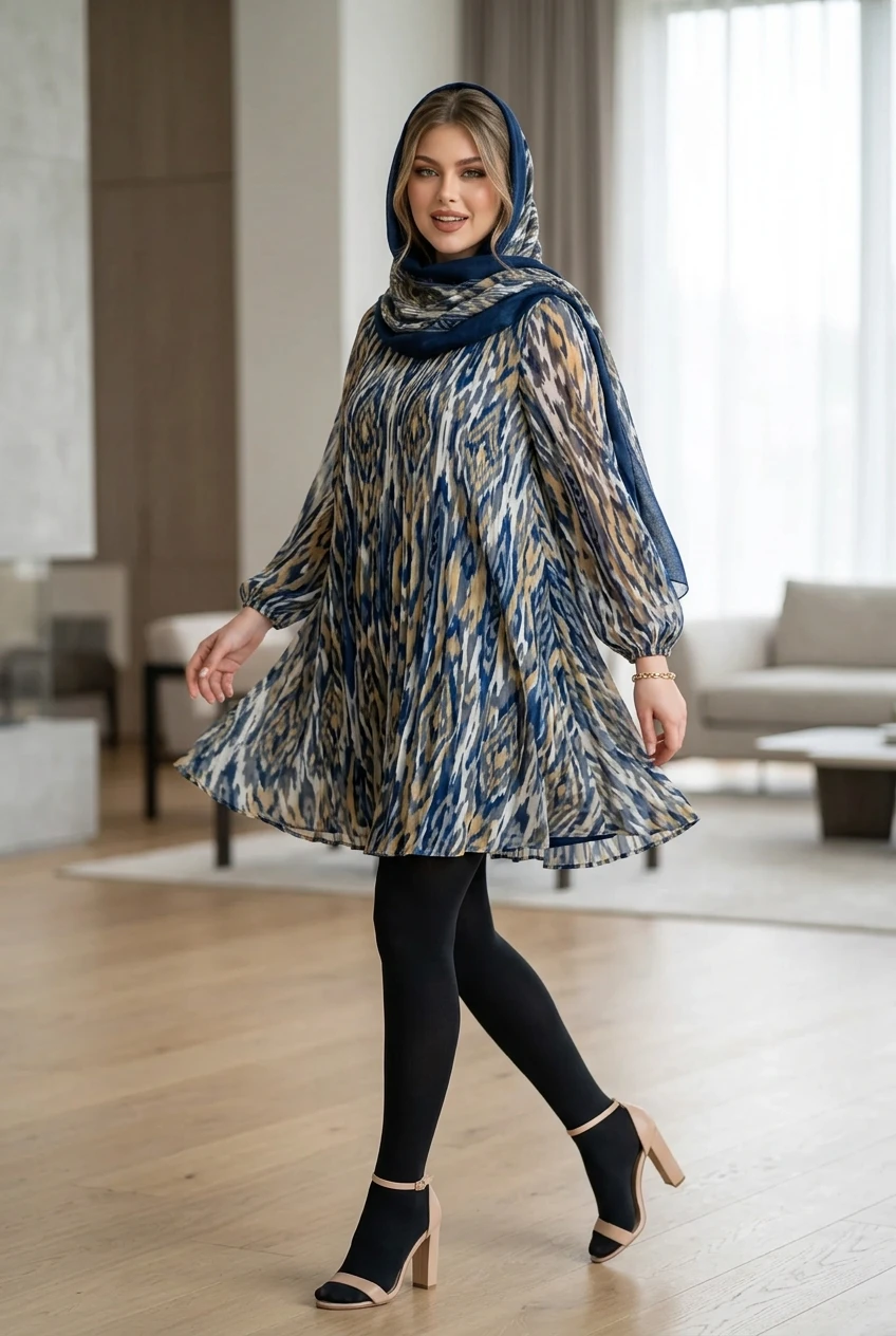 لاکچری‌ ترین مدل پیراهن مجلسی کوتاه حریر طرح‌ دار (ابروبادی) با رنگ‌ بندی سرمه‌ ای و کرم، دارای طراحی آزاد و پوشیده، ست شده با شال سرمه‌ ای و کفش پاشنه‌ بلند در فضایی مدرن