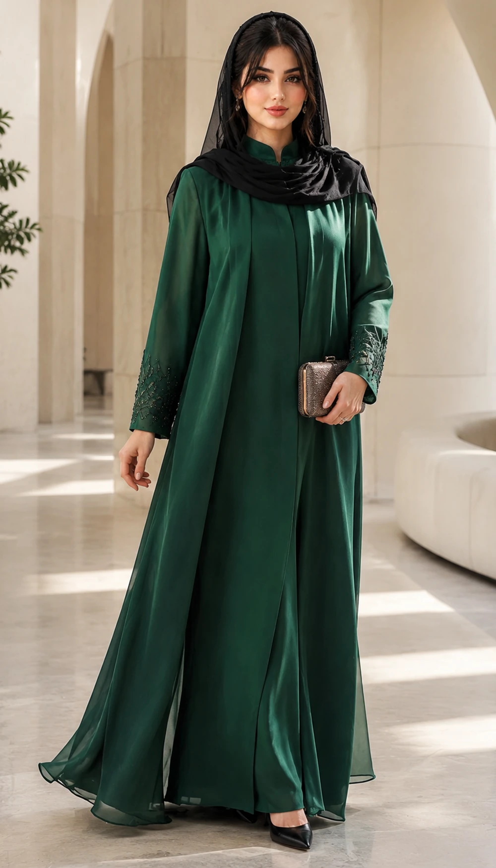مدل مانتو عبایی مجلسی سبز زمردی با فرم آزاد، یقه ایستاده و گلدوزی ظریف سرآستین